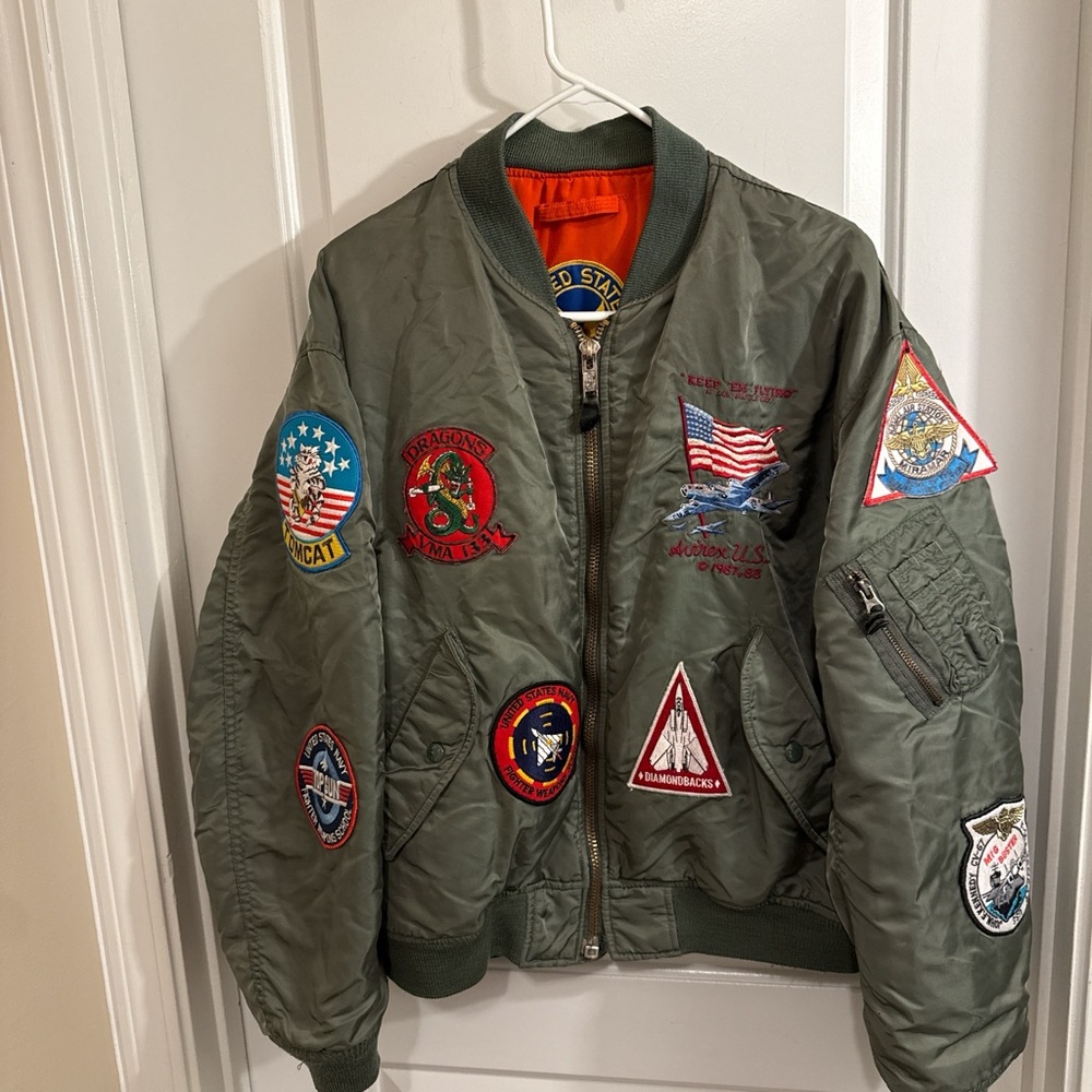 AVIREX Army Green Top Gun Patch Bomber Jacket with Orange Lining